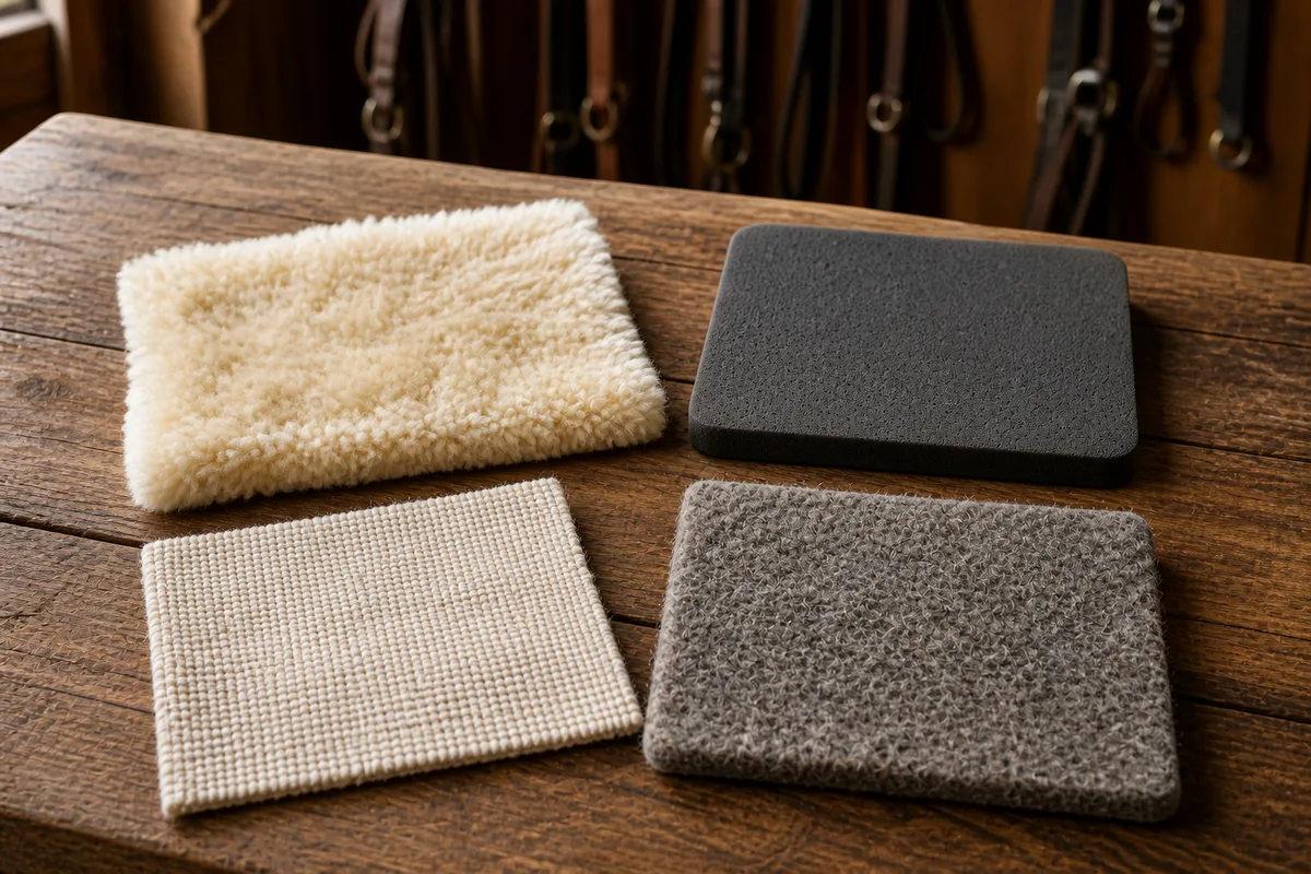 Échantillons de tissus pour tapis de selle : peau, mousse, polyester