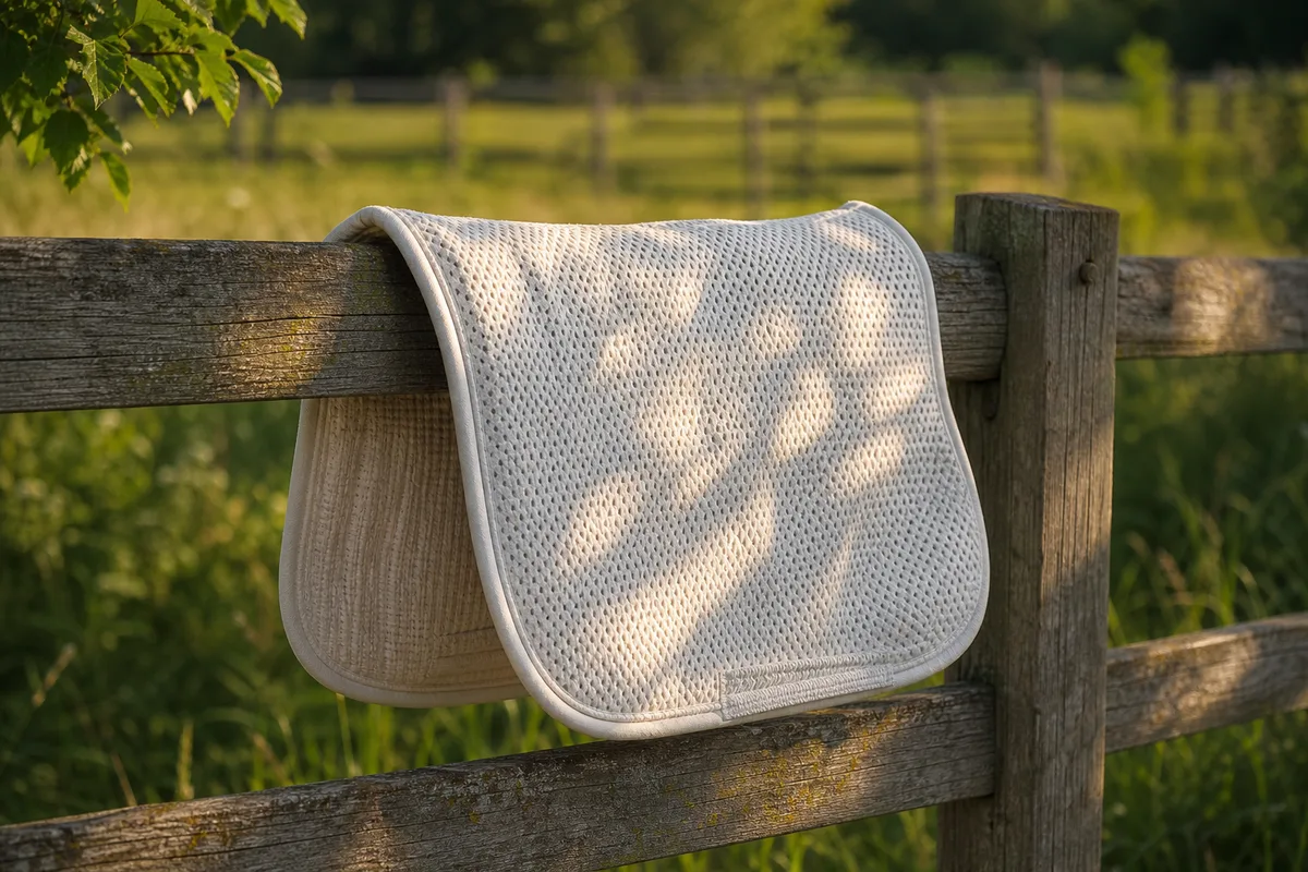 Tapis de selle respirant qui sèche à l’air libre sur une barrière