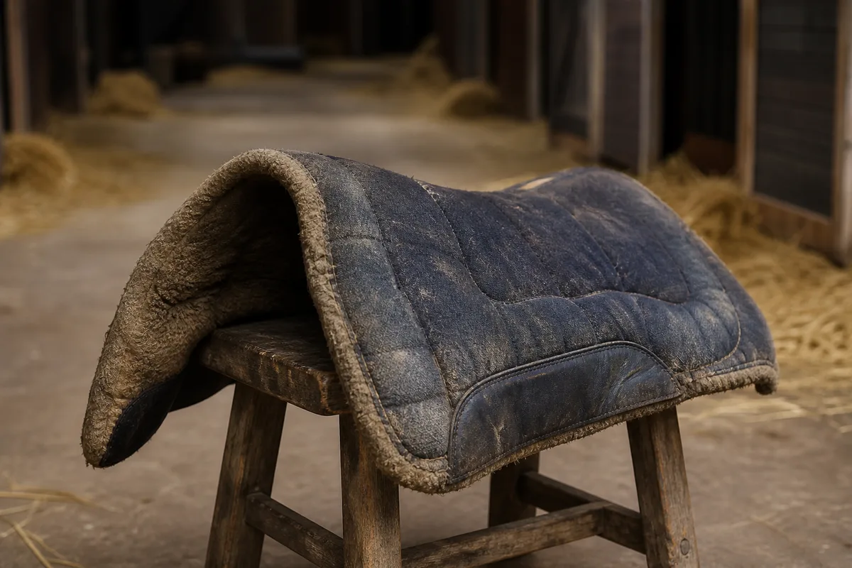 Tapis de selle usé et encrassé posé sur un tabouret d’écurie